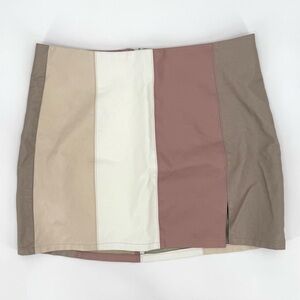 Faux Leather Mini Skirt Side Slit Colorblock Blush Cream Back Zip Girlhoodcore